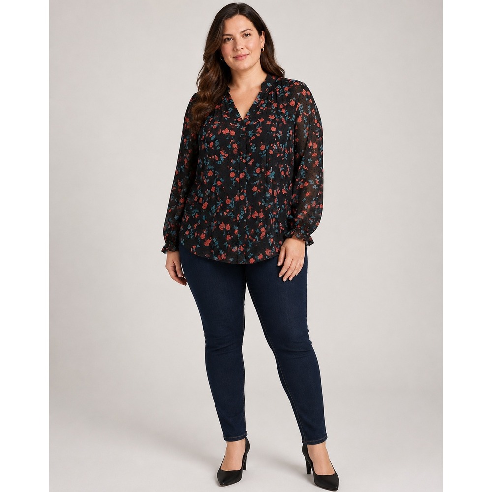 Lane Bryant Sheer Floral Swiss Dot Blouse Black Red Plus Size 14/16